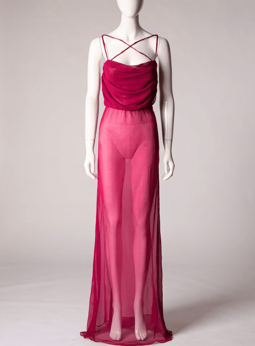 Vestido Magenta Chiffon Alça Fina Costas Trançadas