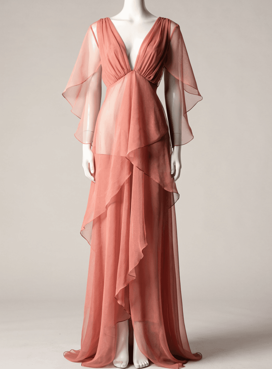 Vestido Rose Chiffon Decote V Manga Sobreposta
