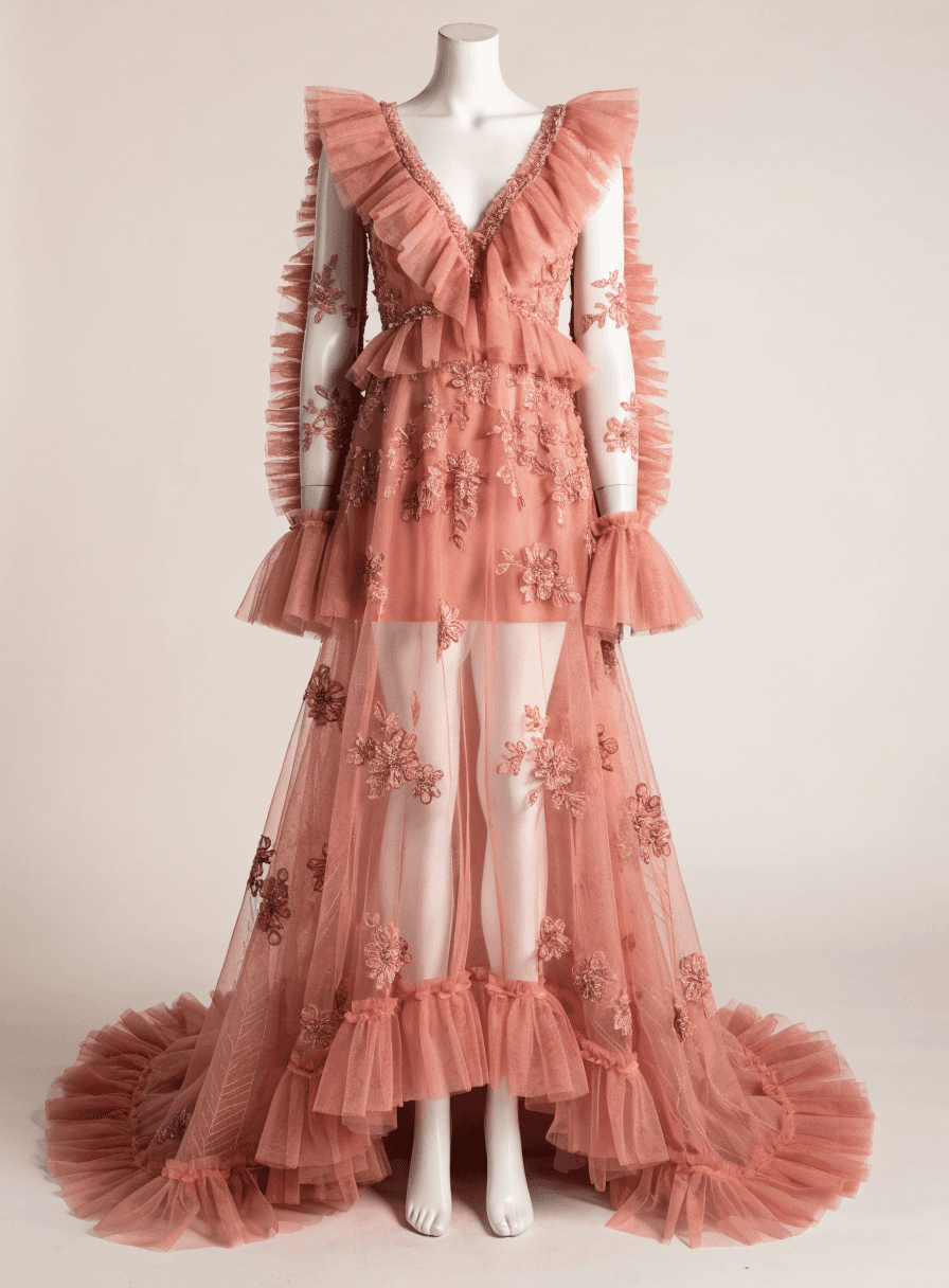 Vestido Rose Tule Saia de Babado Decote V com Bordado