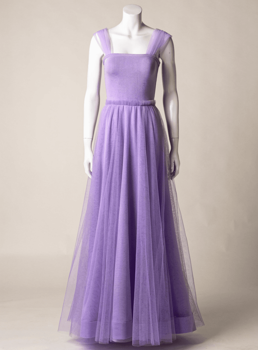 Vestido Lavanda Alça Larga de Tule de Malha com Tranca na Cintura