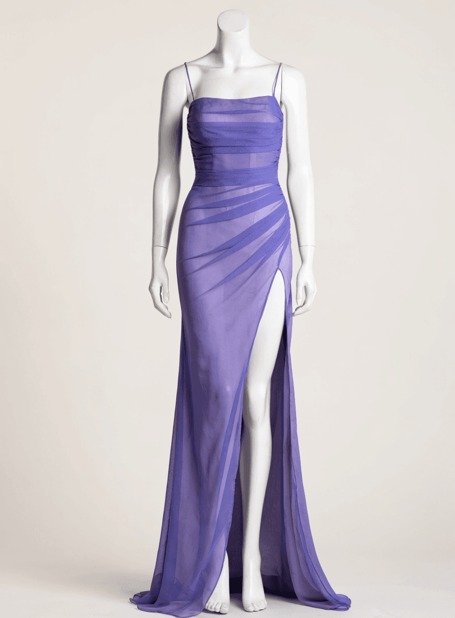 Vestido Lavanda de Chiffon Alça Fina Saia Solta e Fenda