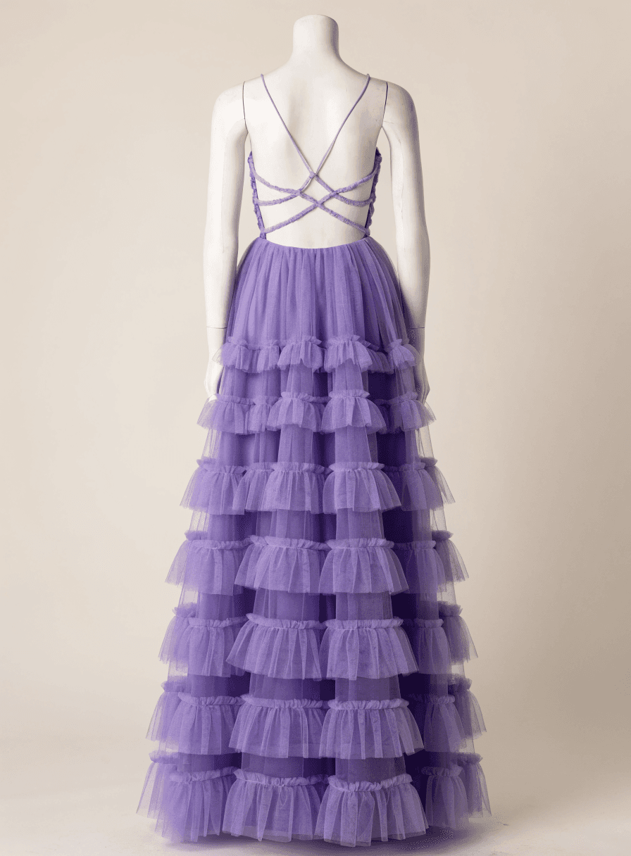Vestido Lavanda de Tule Alça Fina Costas Trançadas