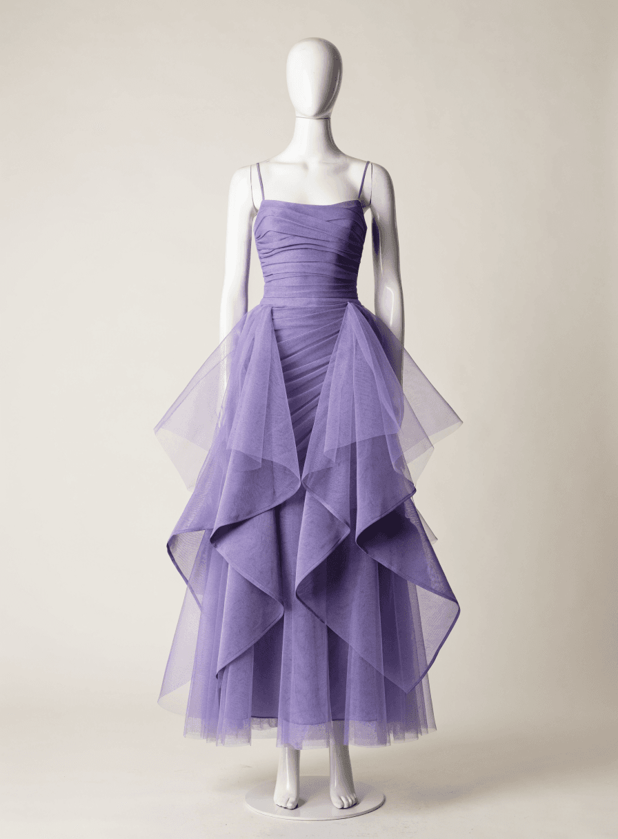 Vestido Lavanda de Tule de Malha Alça Fina Saia 3 Marias e Cinto
