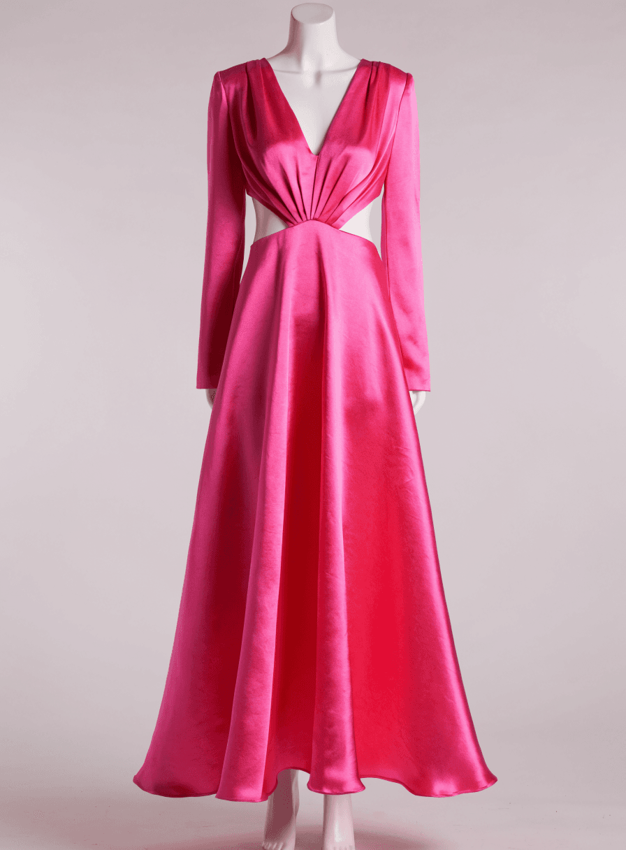 Vestido Pink Decote V Manga Bufante e Cibtura Vazada