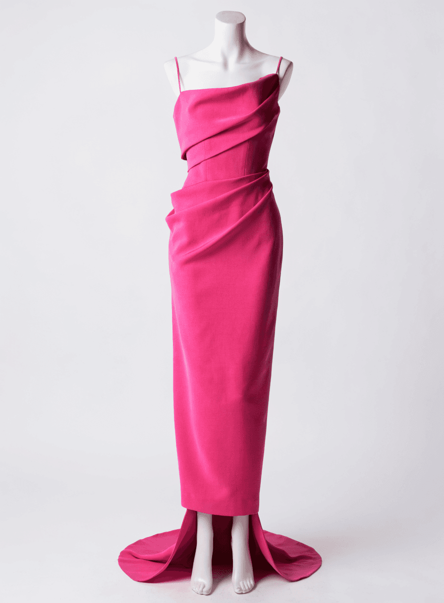 Vestido Pink Alfaiataria Acetinada de Alça Fina Drapeado no Busto