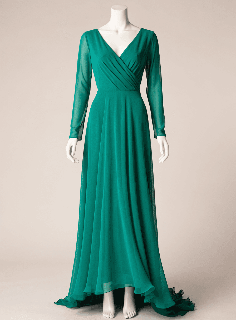 Vestido Verde Esmeralda Chiffon Manga Longa com Cinto Decote V