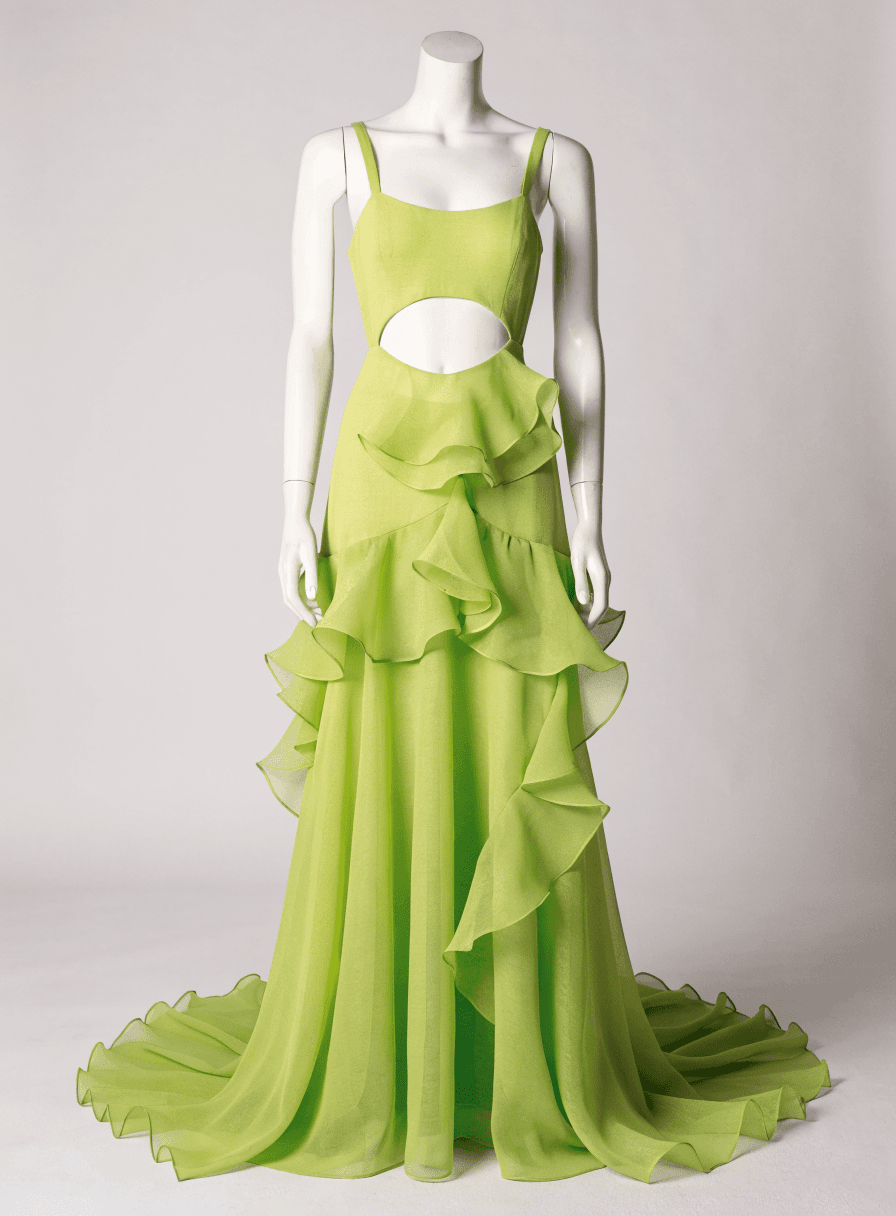 Vestido Verde Lima de Alça Vazado Cintura Saia de Babado