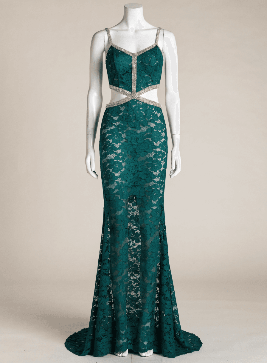 Vestido Verde Esmeralda Pedra e Renda Alça Fina Vazado Cintura
