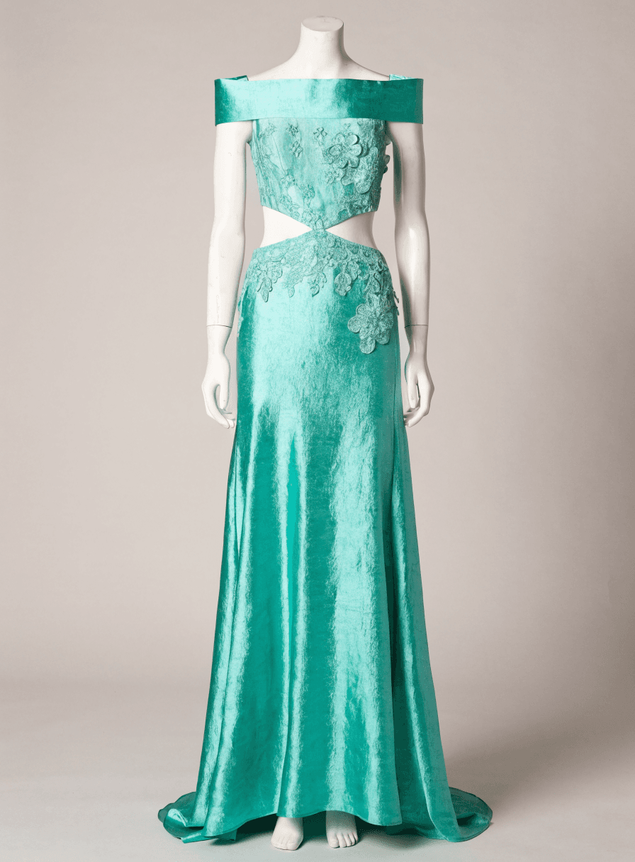 Vestido Verde Tiffany Bordado em Prata Alça Larga e Vazado