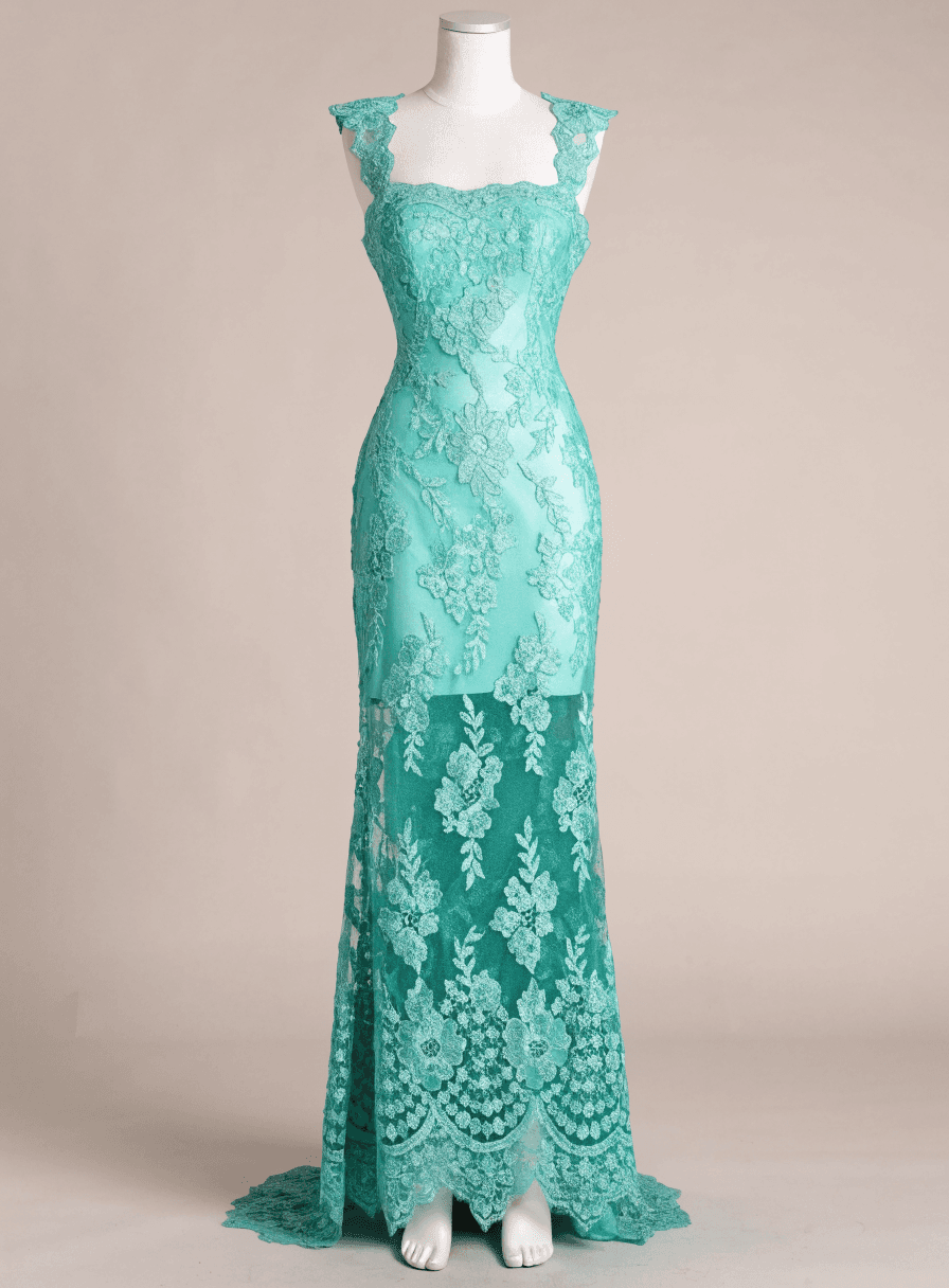 Vestido Verde Turquesa Alça Grossa Bordado com Renda