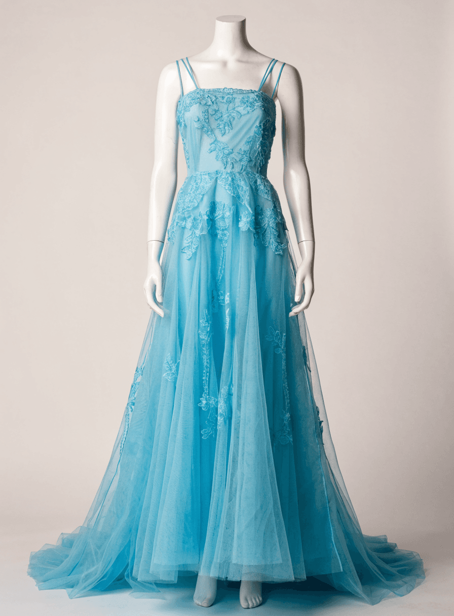 Vestido Tiffany Corpo Bordado Saia em Tule Alça Dupla