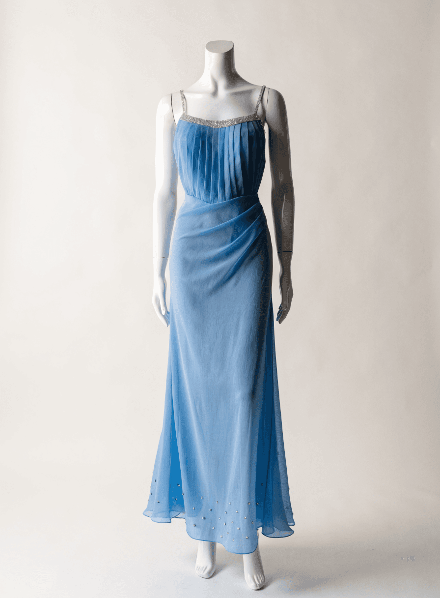 Vestido Azul Serenity Pedras Prata Alça Fina Decote V Frente e Costas