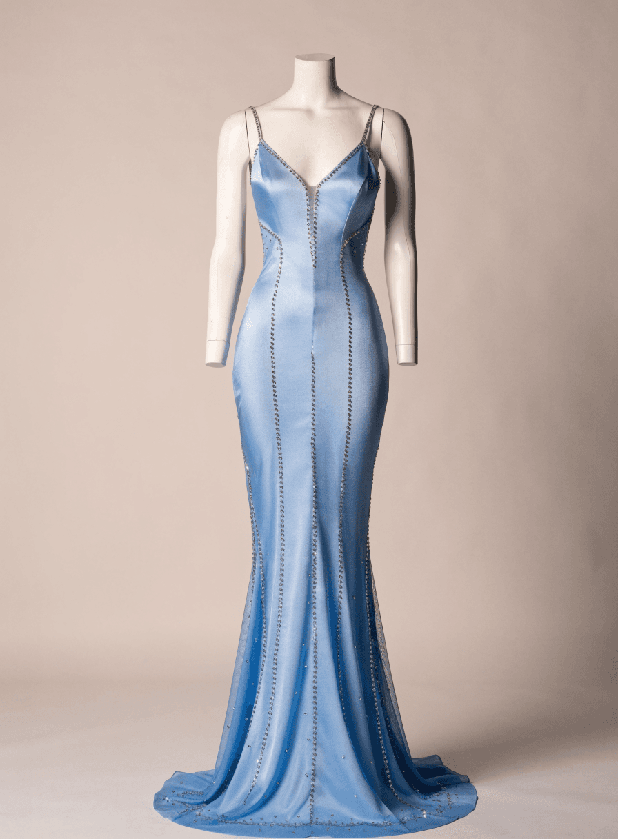 Vestido Azul Serenity Pedras Azul Transparência na Lateral com Pedras Alça Fina