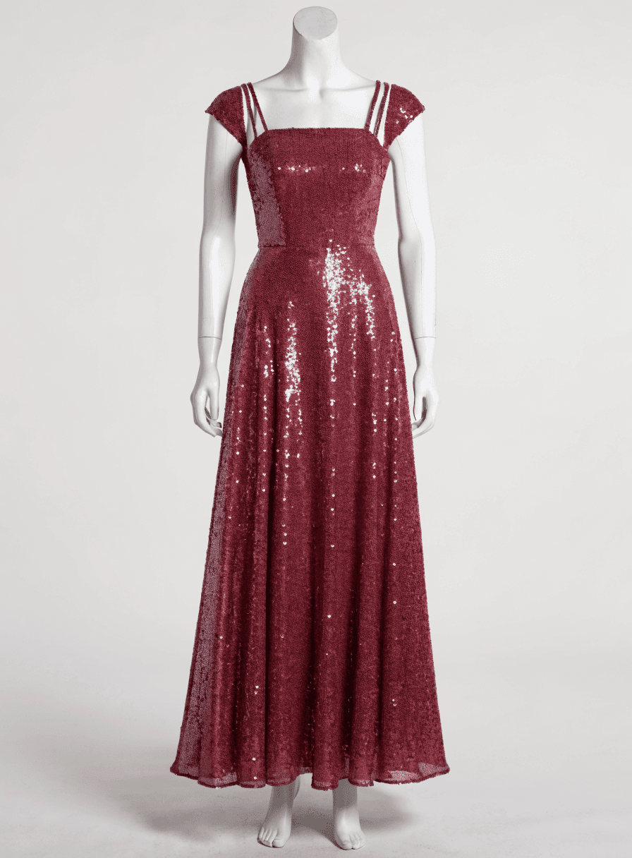 Vestido Marsala Paetê Manga Nula Alça Dupla