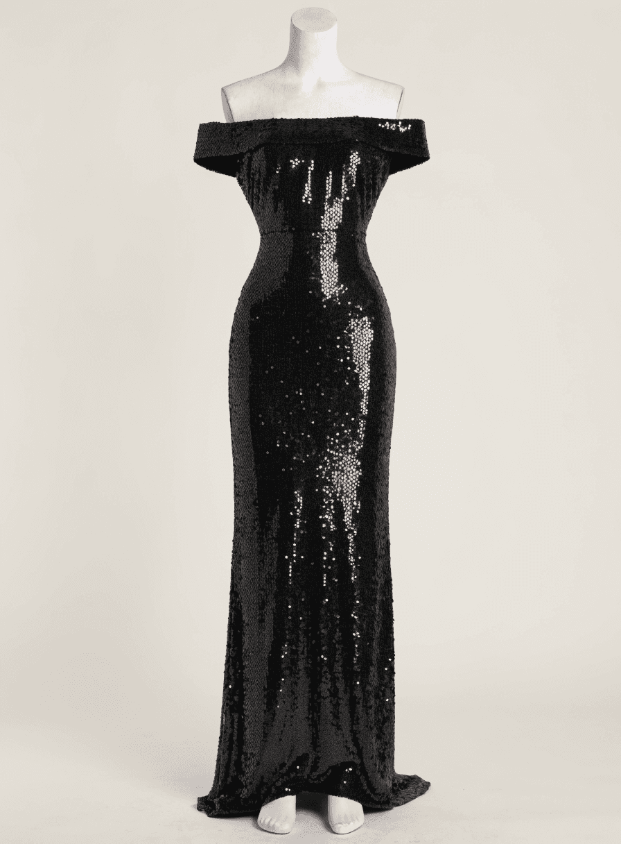 Vestido Preto Paetê Alça Alça Grossa Costas em X Decote Fundo