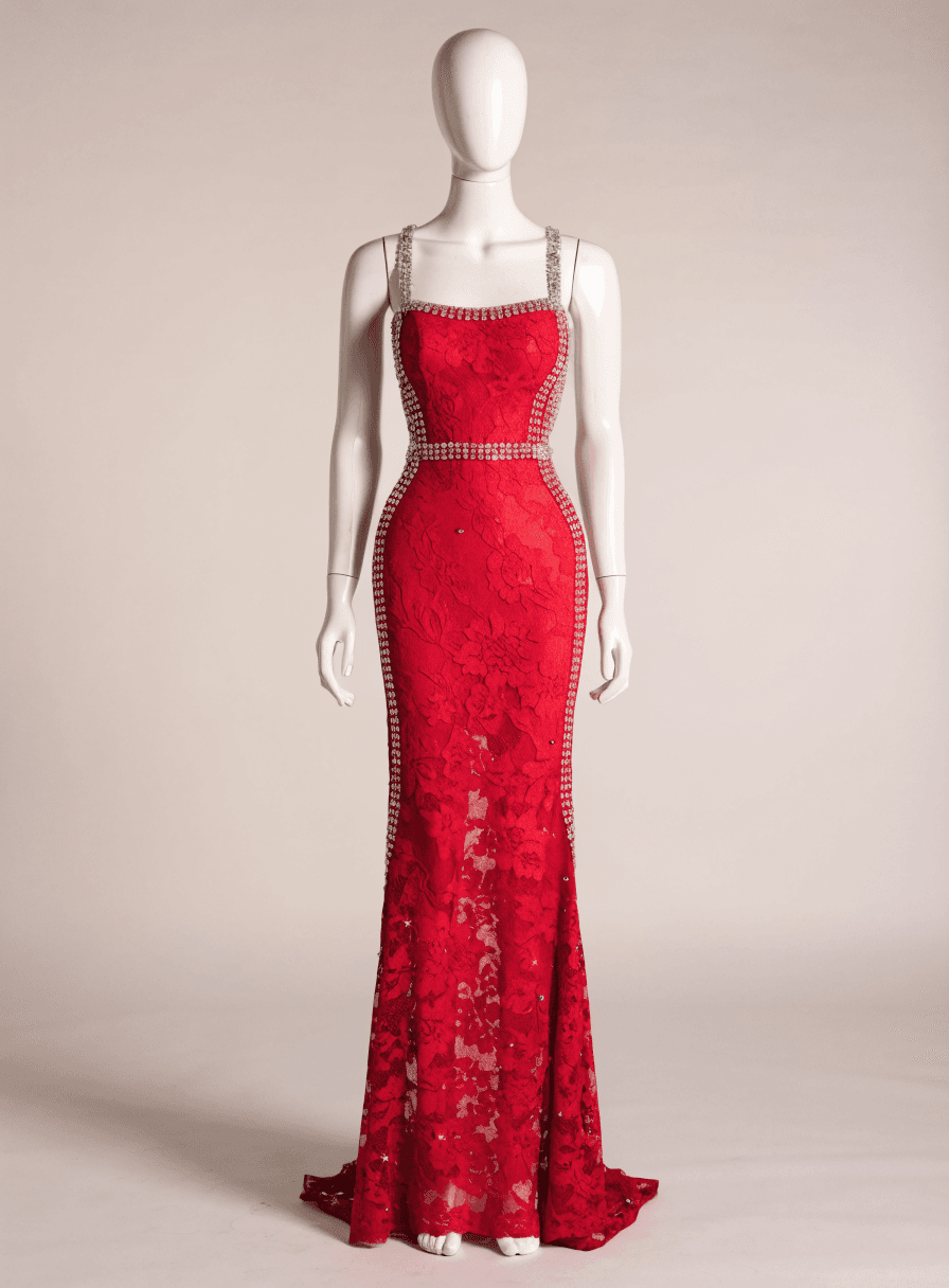 Vestido Vermelho Pedras e Renda Alça Dupla