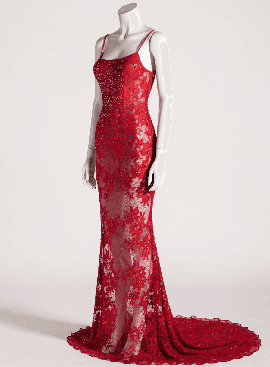 Vestido Vermelho Pedras e Renda Alça Fina Lateral Transparente com Pedras