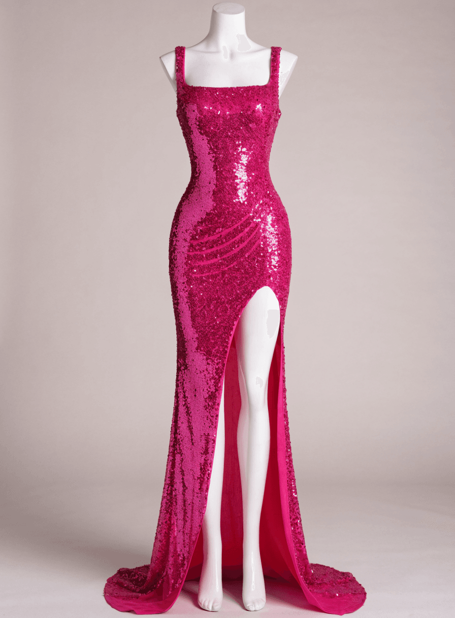 Vestido Fúcsia Paetê Alça Justo e Fenda