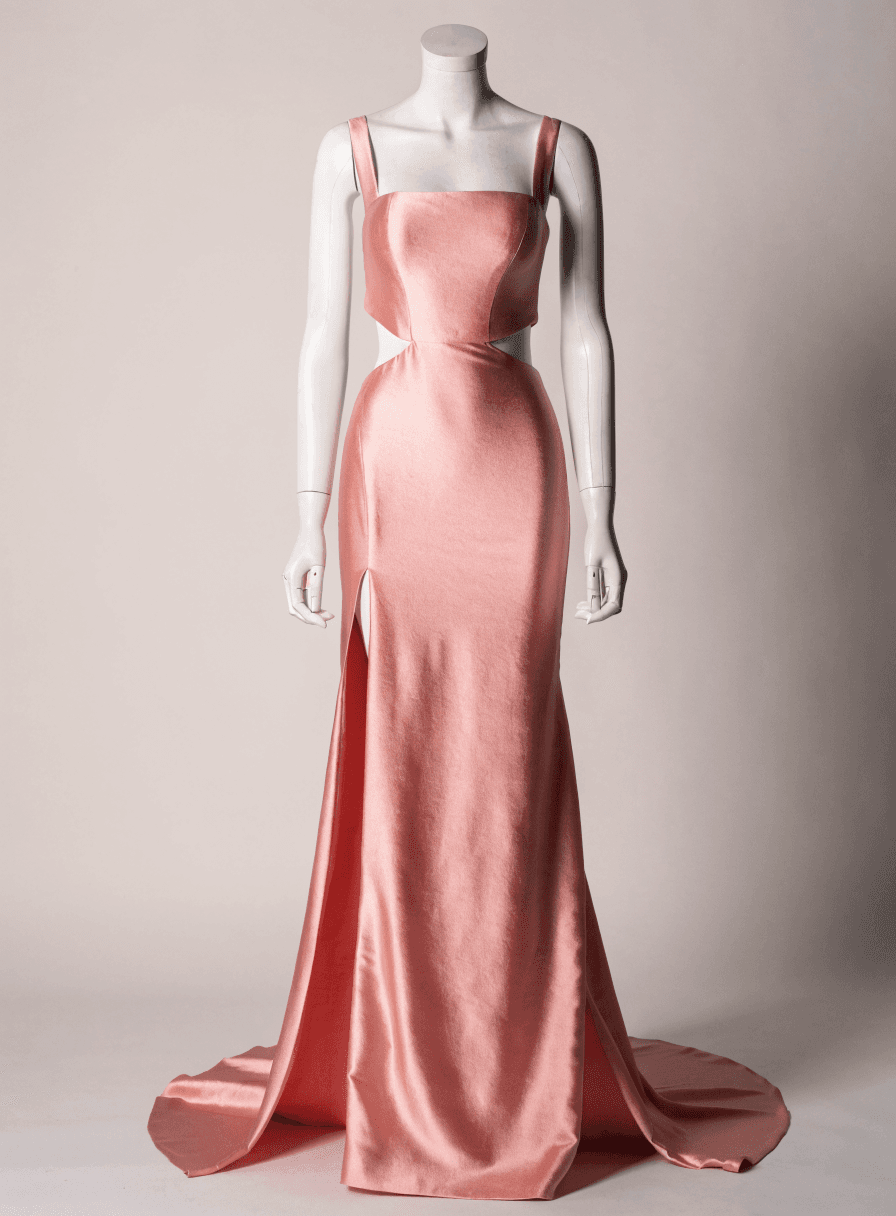 Vestido Rose com Prata Vazado Cintura com Fenda Alça