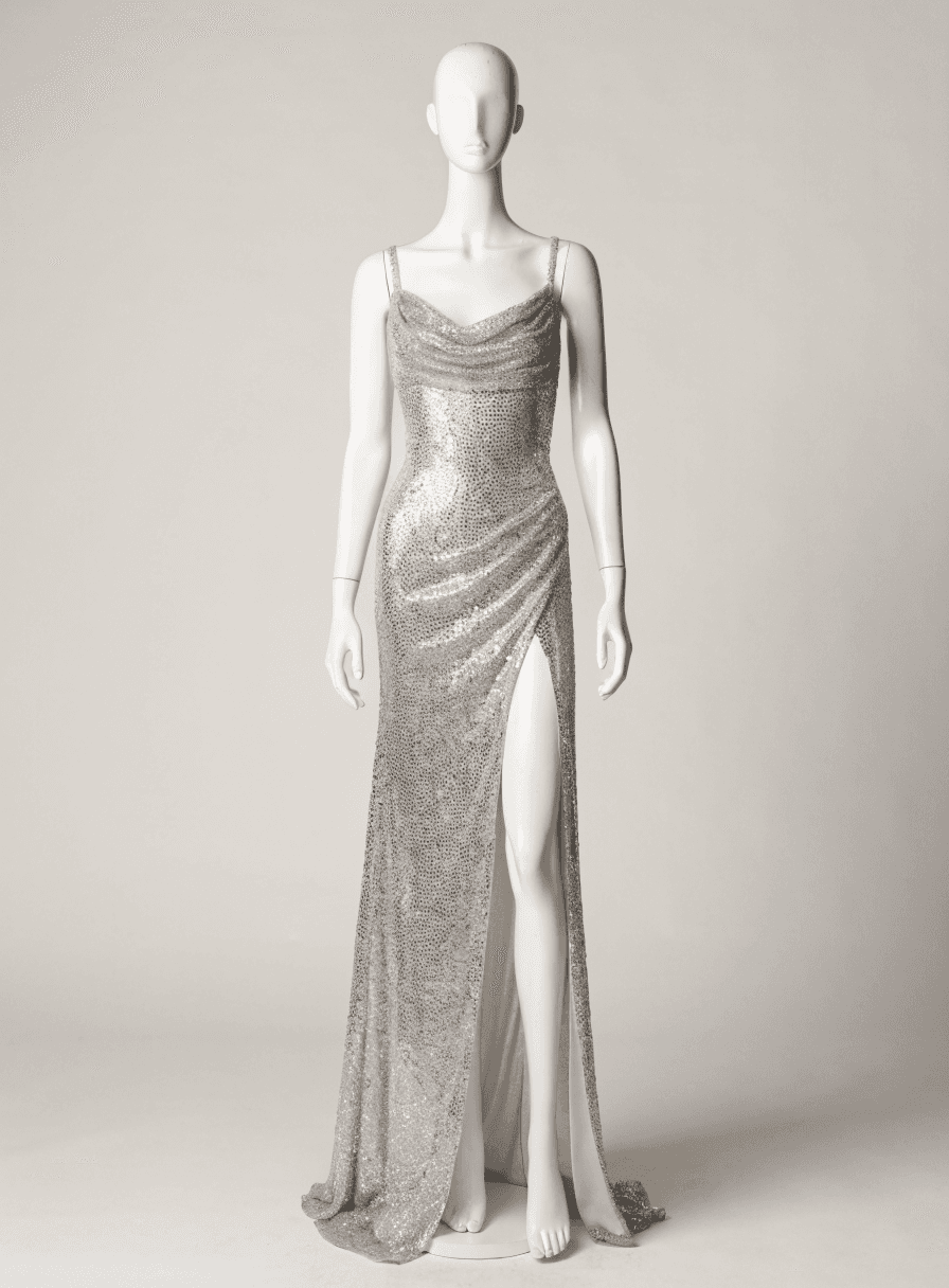 Vestido Prata Alça Fina Decote Fundo com Fenda