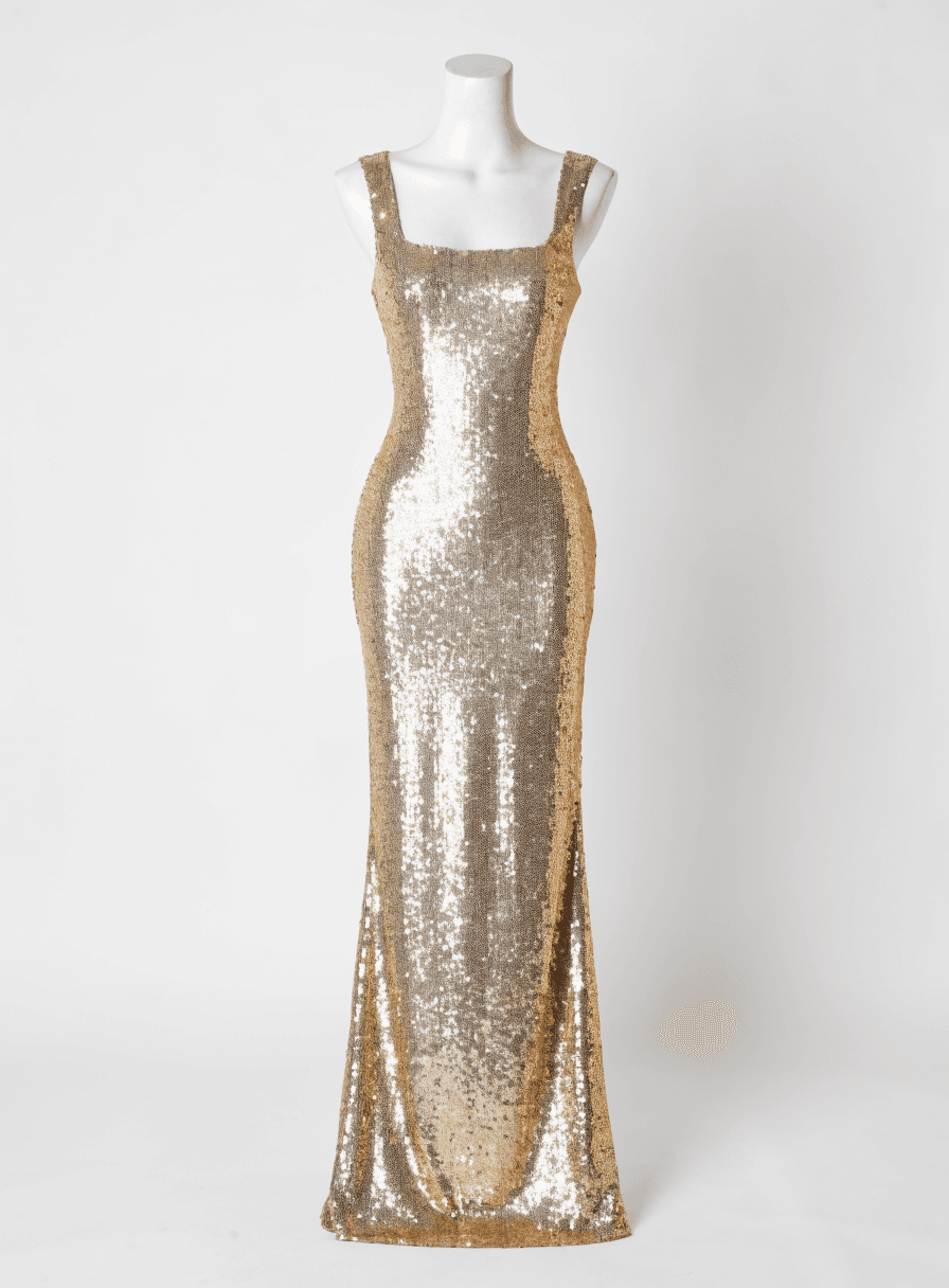 Vestido Dourado Paetê de Alça Grossa Justo