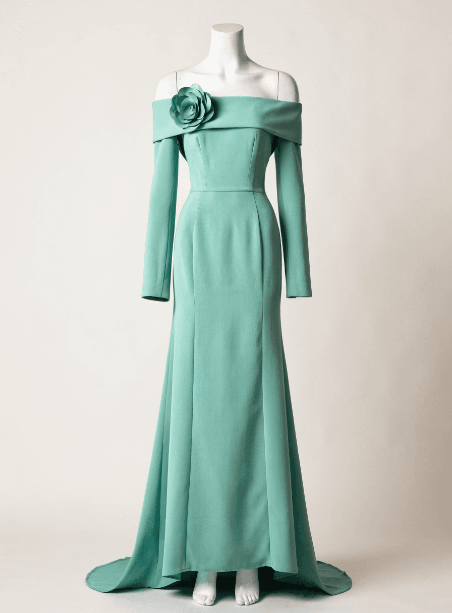 Vestido Verde Menta Alfaiataria Ombro a Ombro de Flor Saia Evasê