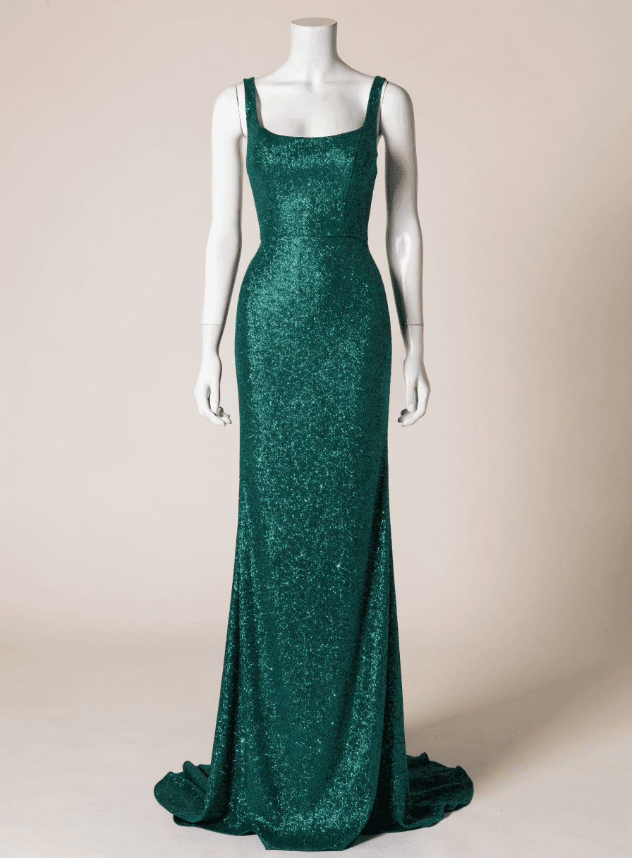 Vestido Verde Esmeralda Tecido Glitterinado Corpo de Corselet Alça