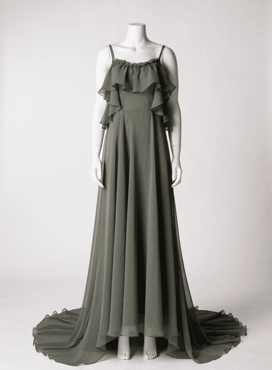 Vestido Verde Oliva Chiffon Alça Saia de Babado