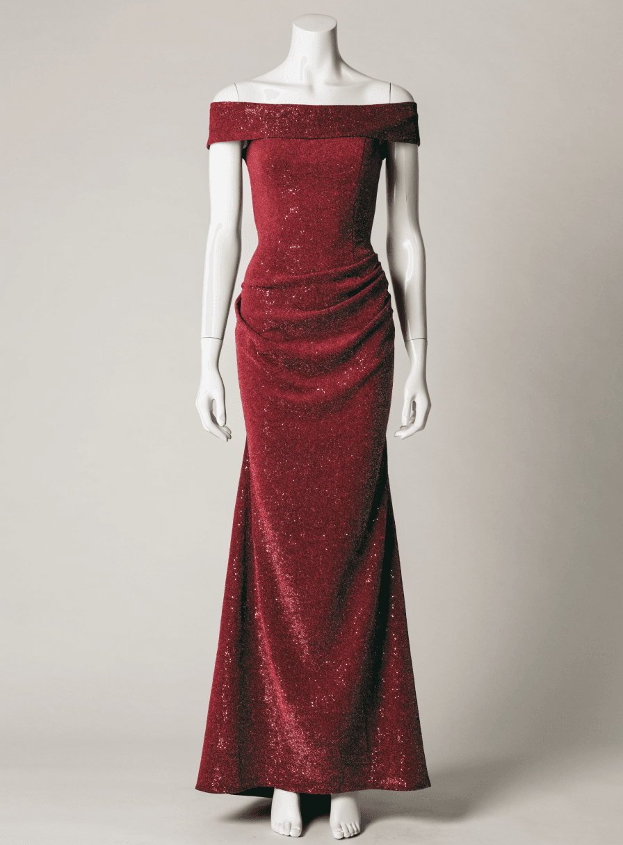 Vestido Marsala Glitter Debutante 4 Peças Ombro a Ombro
