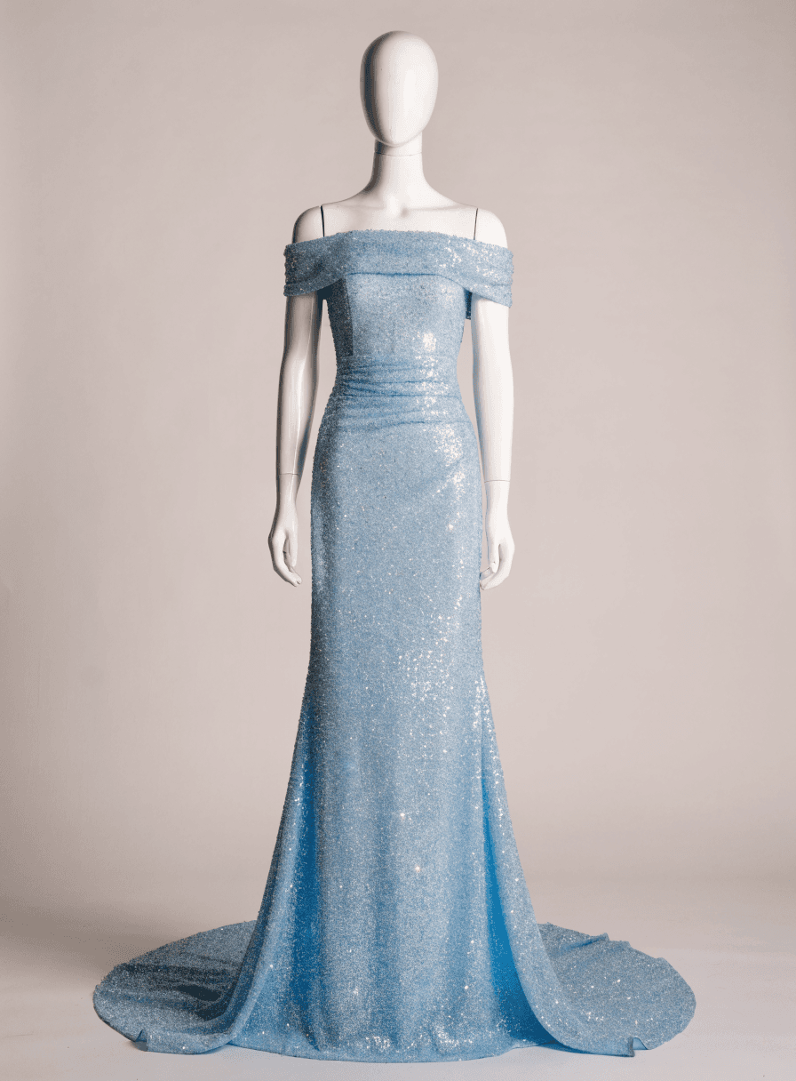 Vestido Azul Serenity com Prata Glitter Debutante Ombro a Ombro