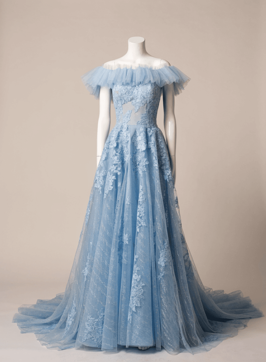 Vestido Azul Serenity Tule Debutante Corpo de Renda Ombro a Ombro