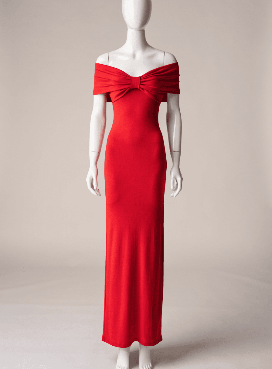 Vestido Vermelho Malha Ombro a Ombro Corselet Justo com Laço