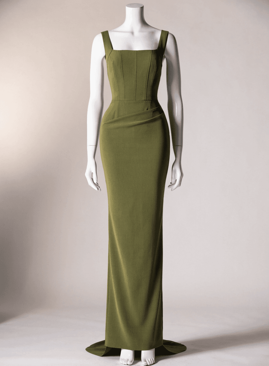 Vestido Verde Oliva Alfaiataria Alça Grossa Corselet Justo Corpo Corselet