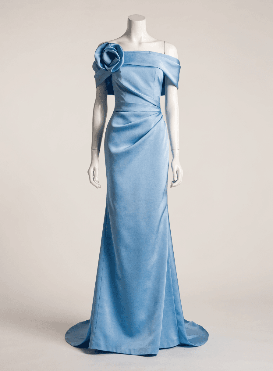 Vestido Azul Serenity Alfaiataria Ombro a Ombro com Flor e Drapeado