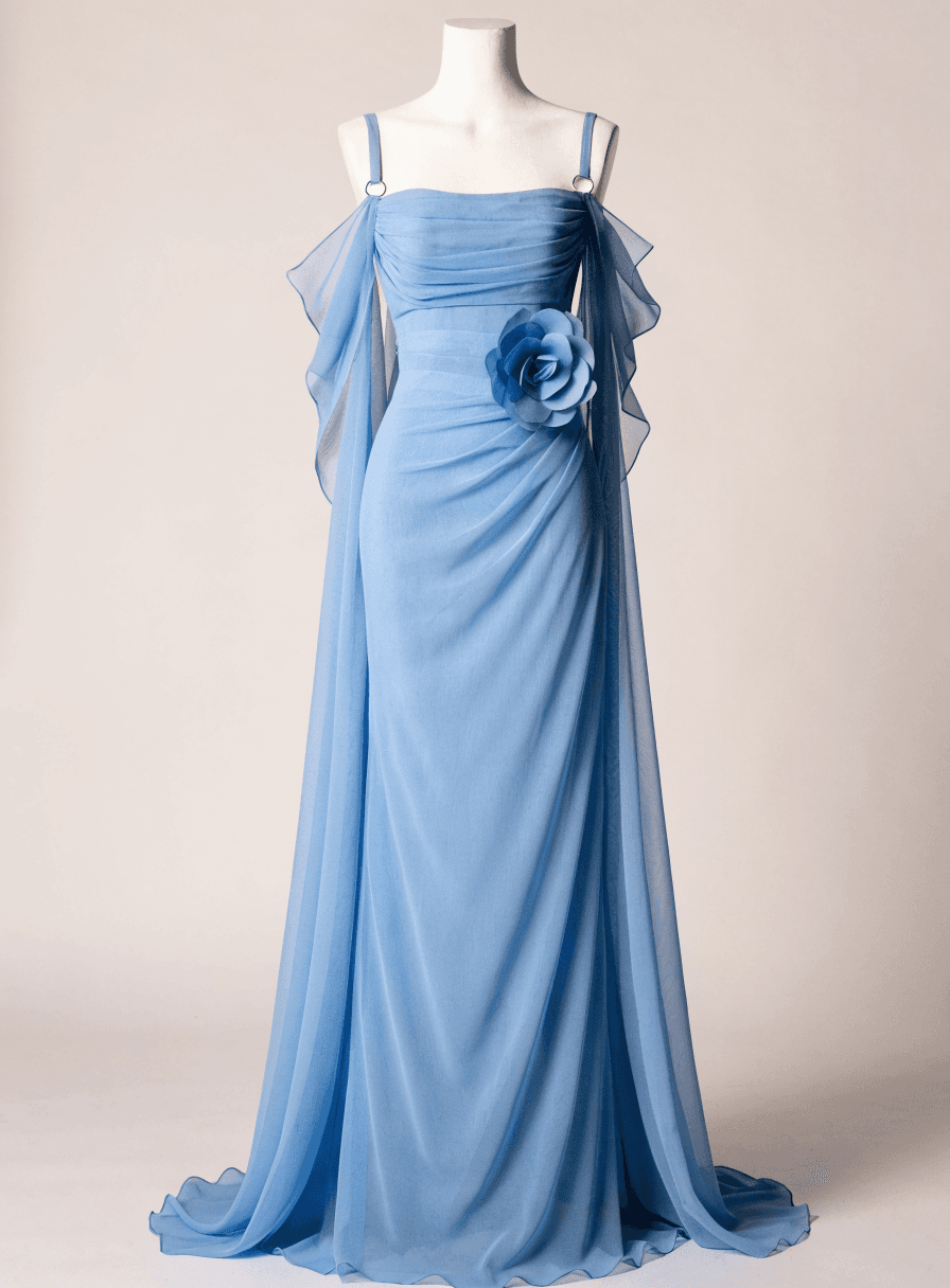 Vestido Azul Serenity Chiffon Alça com Flor Removivel Capa Costas