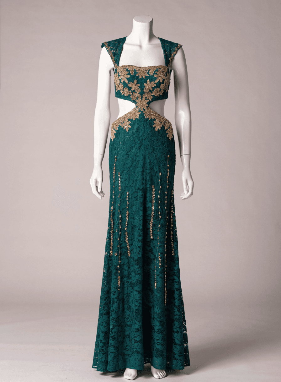 Vestido Verde Formanda Alça Grossa Vazado Cintura Bordado e Renda
