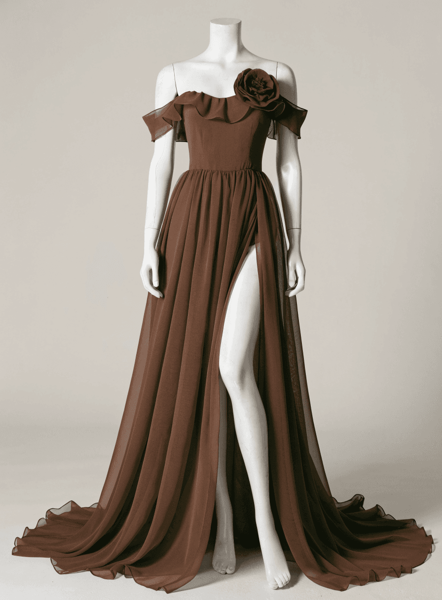 Vestido Marrom Chiffon Ombro a Ombro de Flor com Fenda