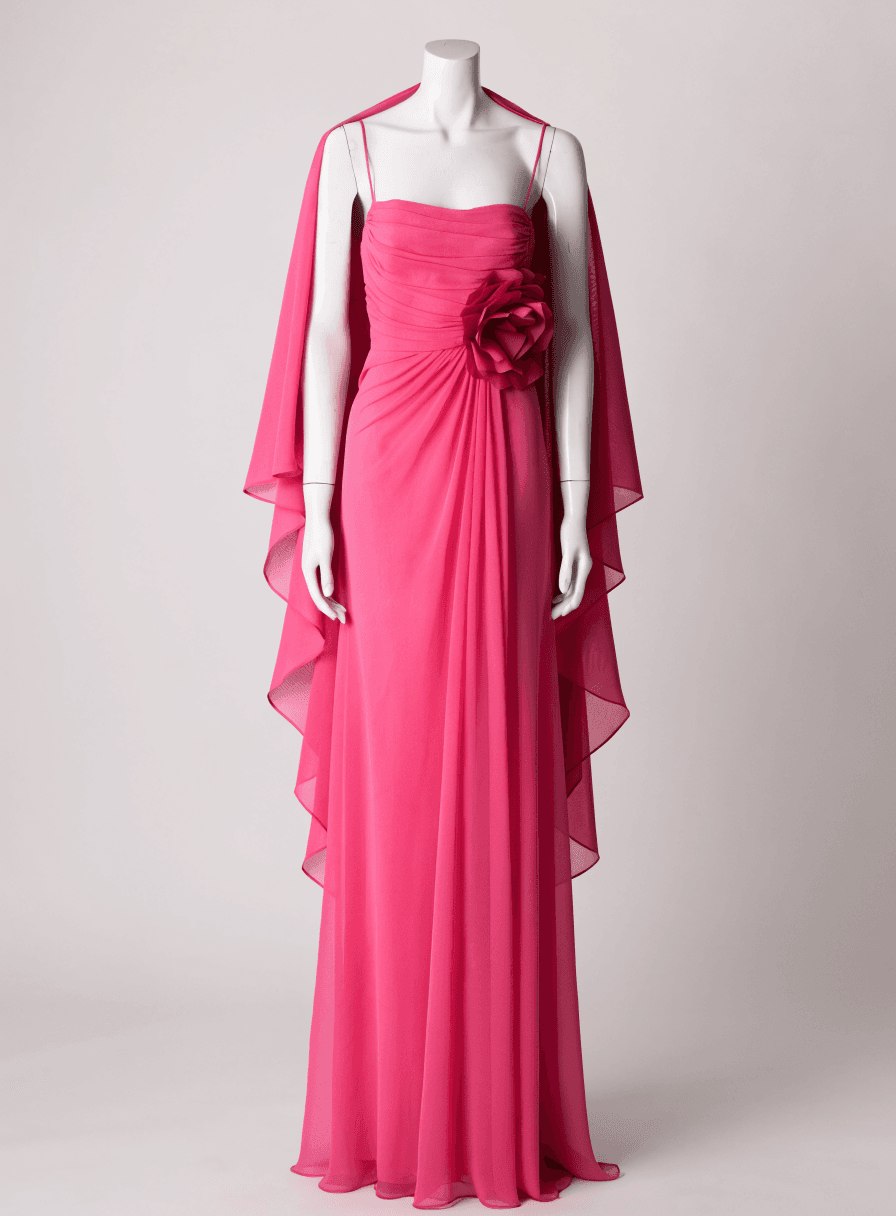 Vestido Pink Chiffon Manga Capa com Alça e Flor