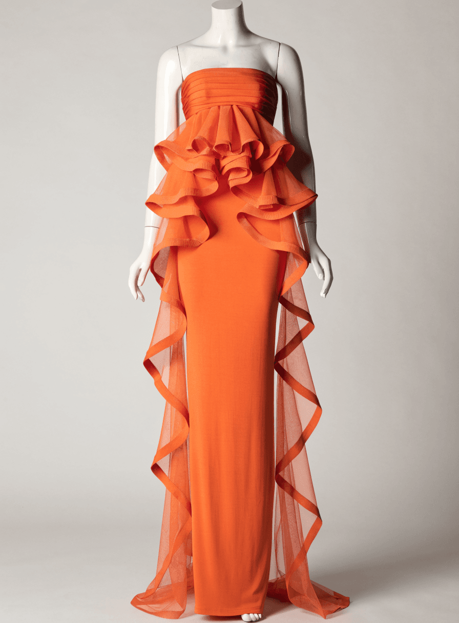Vestido Laranja Tule de Malha Tomara que Caia Corpo de Babado