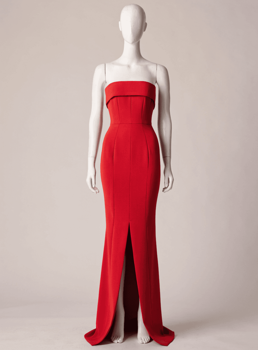 Vestido Vermelho Alfaiataria Tomara que Caia com Manga Bufante com Fenda