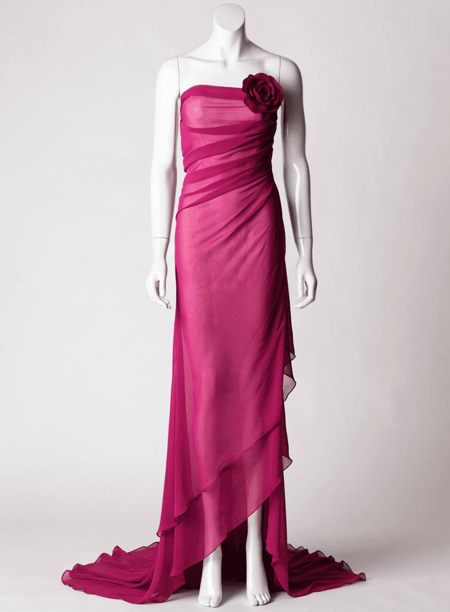 Vestido Magenta Chiffon Sobrep. de Saia Tomara que Caia Busto Drapeado Detalhe Flor