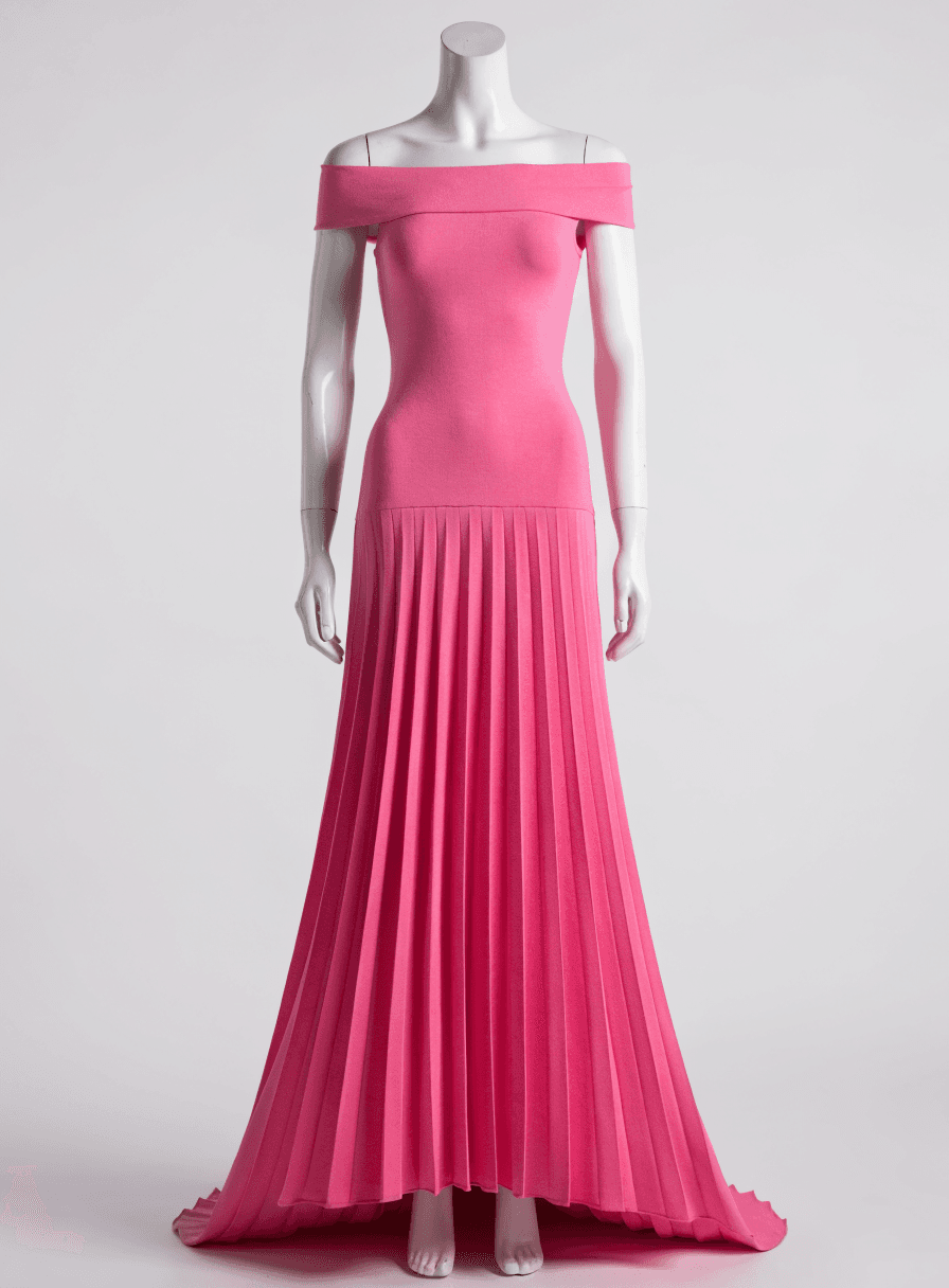 Vestido Pink Malha Grossa Ombro a Ombro Sobreposicao de Calda Plissada
