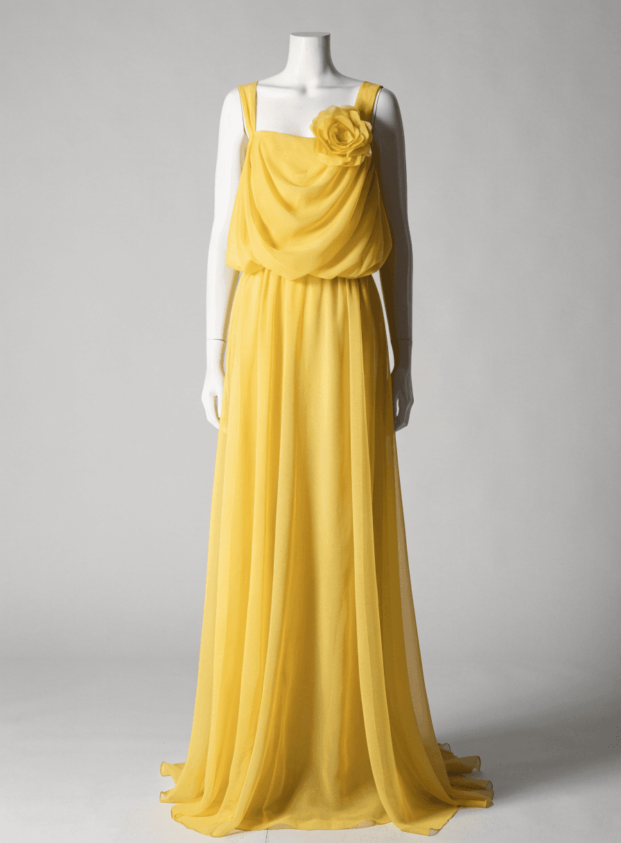 Vestido Amarelo Chiffon Alça Grossa Cintura Drapeada com Flor