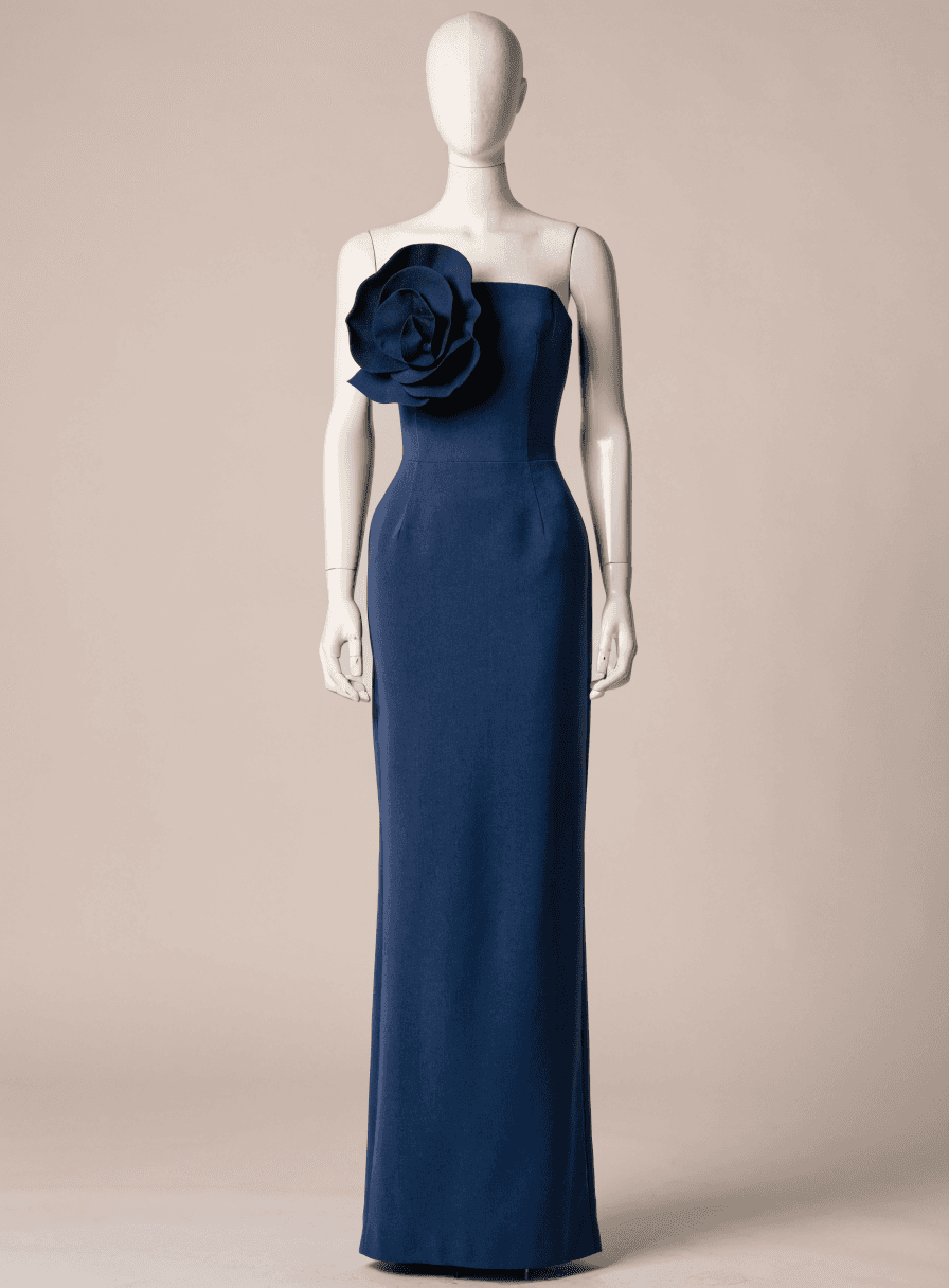 Vestido Azul Marinho Alfaiataria Tomara que Caia Busto de Flor Justo