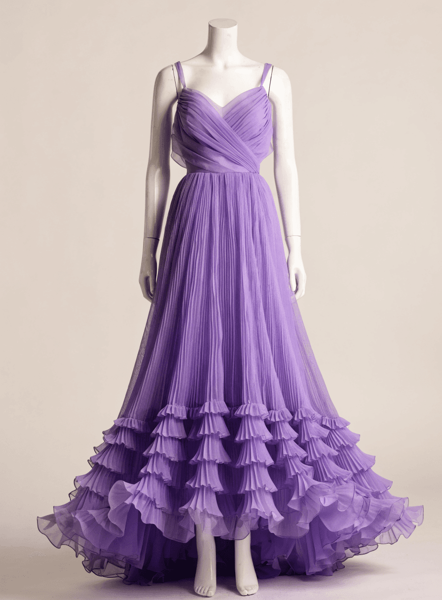 Vestido Lavanda Chiffon Alca Decote Coracao Saia de Babado Plissado