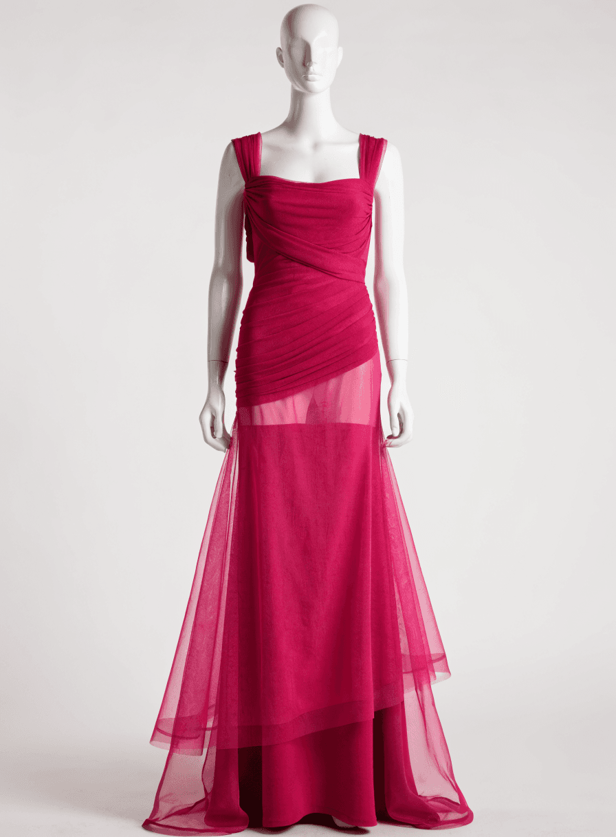 Vestido Fúcsia Tule de Malha Quadril Drapeado Alca Grossa