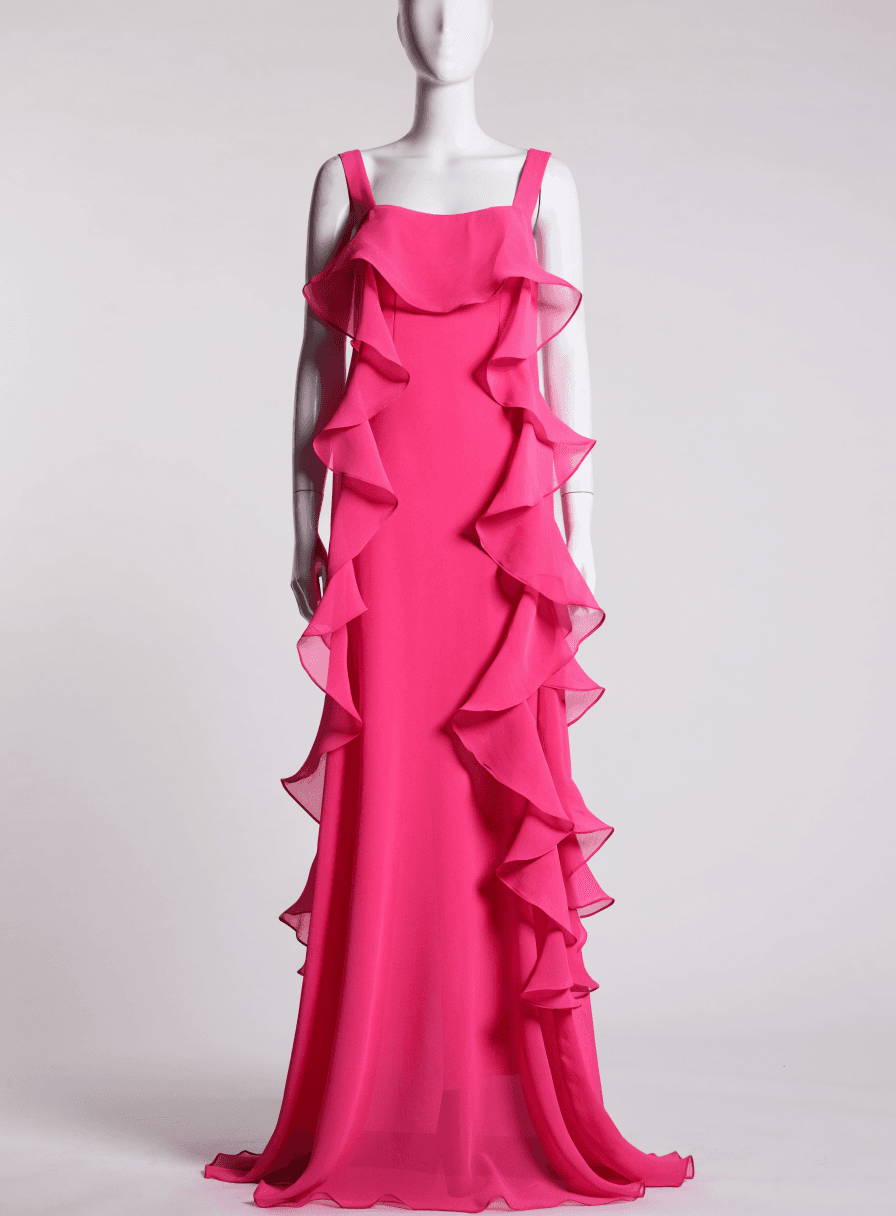 Vestido Pink Chiffon Alca Grossa Saia de Babado Decote V