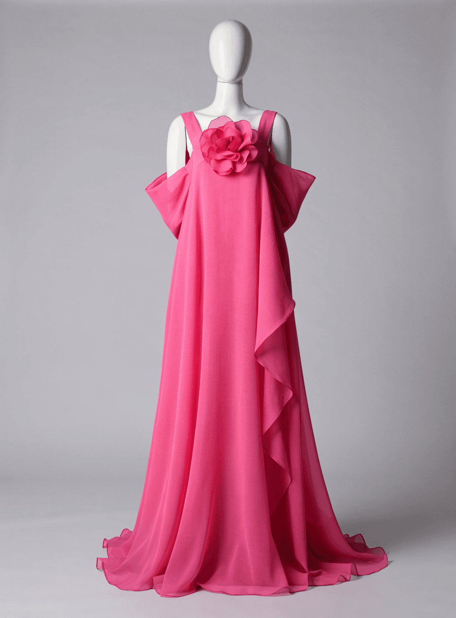 Vestido Pink Chiffon Alca Grossa Gola Removivel Cinto de Flor