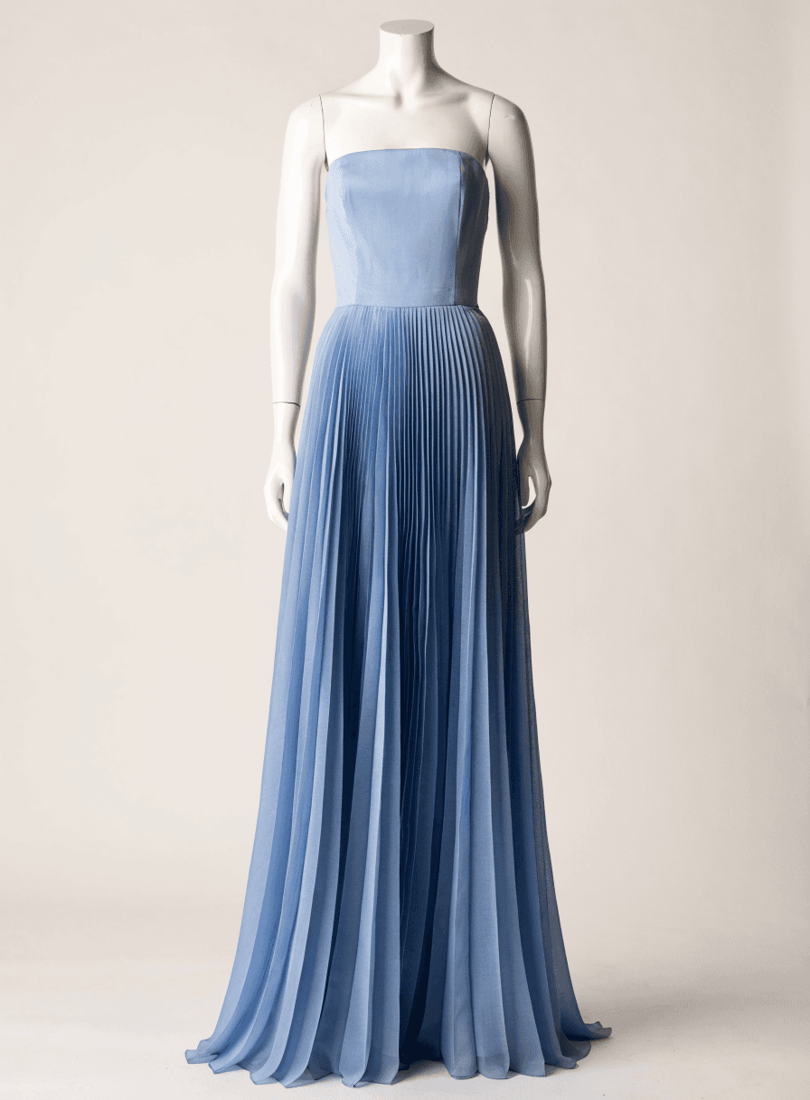 Vestido Azul Serenity Tomara que Caia Corpo de Corselet Saia Plissada
