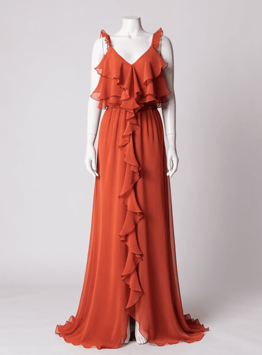 Vestido Terracota Chiffon Alça Saia de Babado Decote V